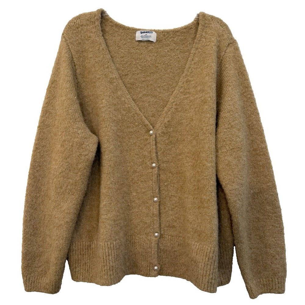 Women's Plus Size 3X Old Navy Fuzzy Pearl Button Front‎ V Neck Cardigan Tan